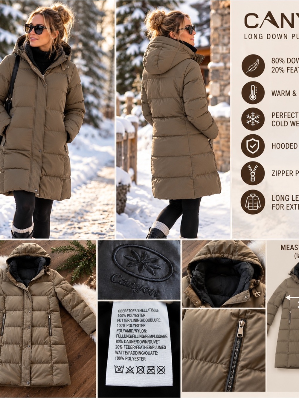 Canyon Women’s Long Down Puffer Winter Coat – Hooded Taupe Jacket